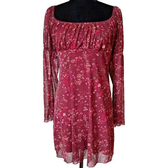 Vintage Dresses & Skirts - Vintage 90s Grunge Floral Mesh Babydoll Bell Sleeve Empire Waist Dress Women M